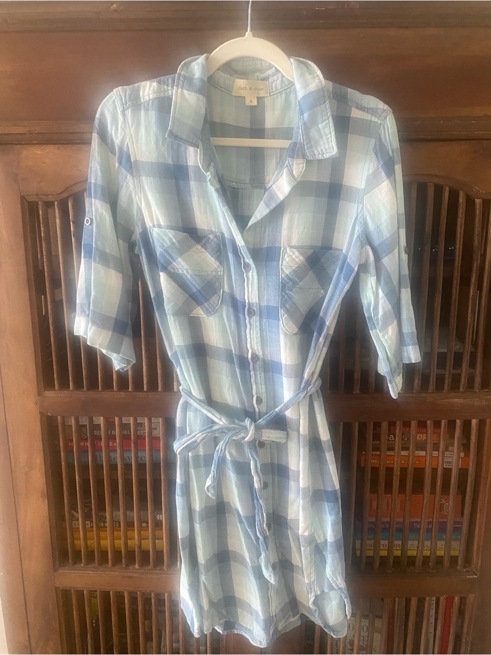 cloth & stone Light Blue and White Plaid Shirt Dress with Tie Size Small